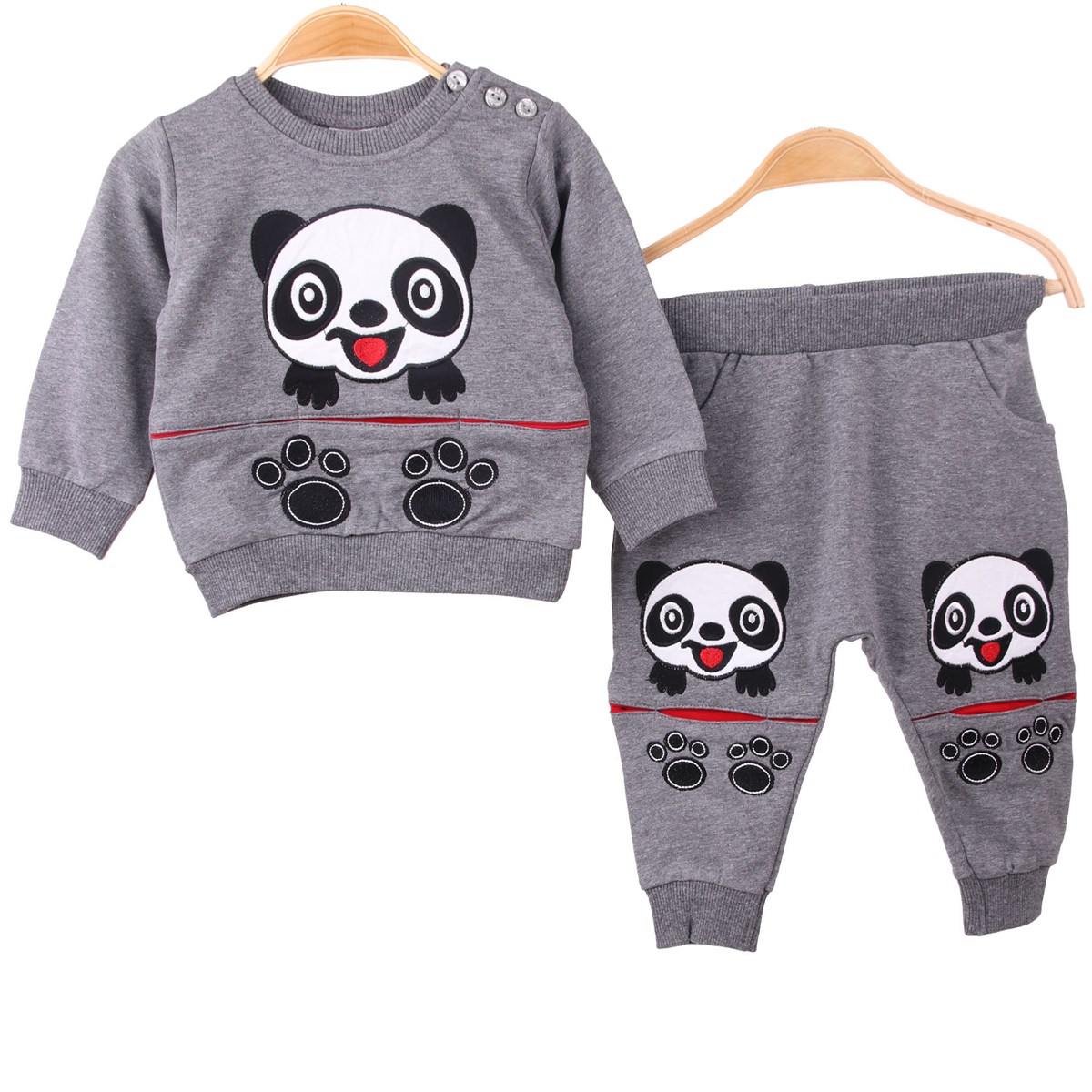 Erkek Bebek Eşofman Takım Panda Desenli Gri (1 Yaş)