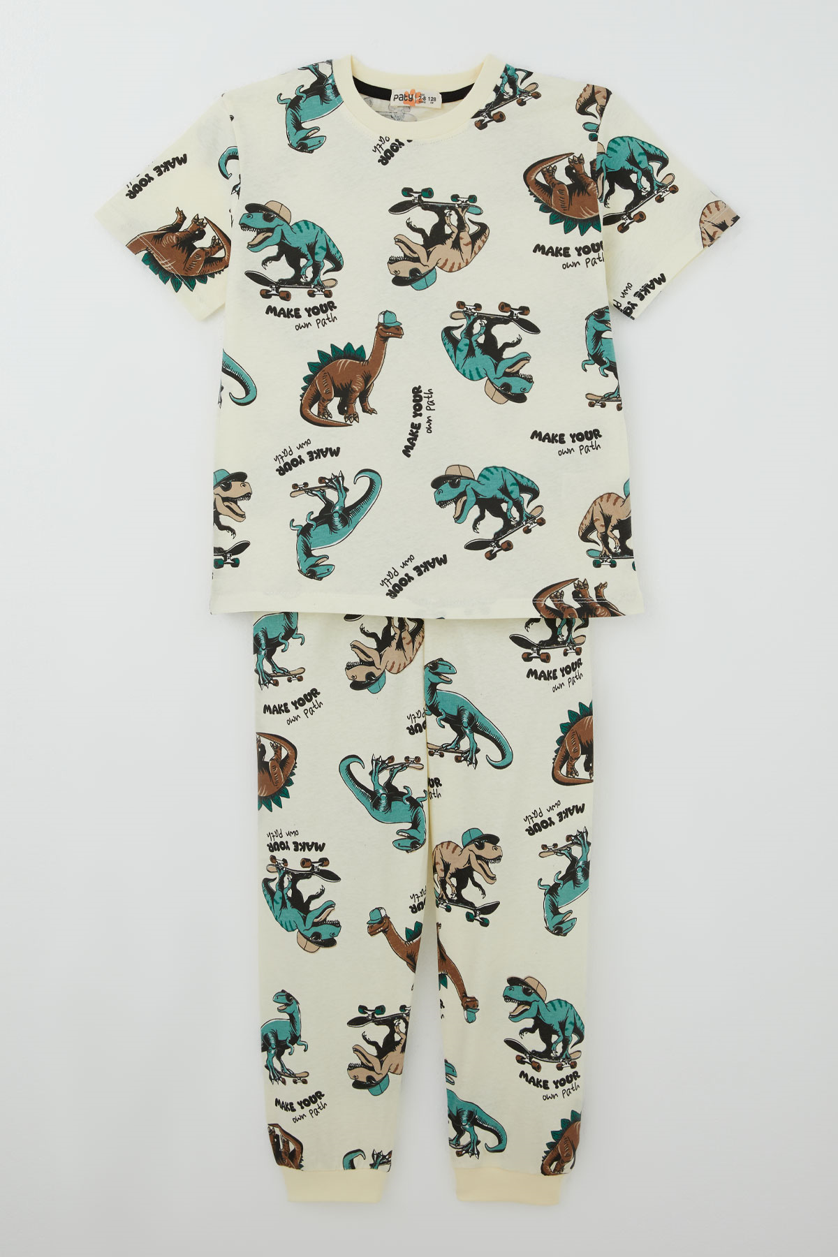 Paty Kıds Erkek Çocuk Pijama Takımı Kısa Kollu Motivasyon Temalı Kaykaycı Dinozor Desenli Krem (8-12 Yaş)