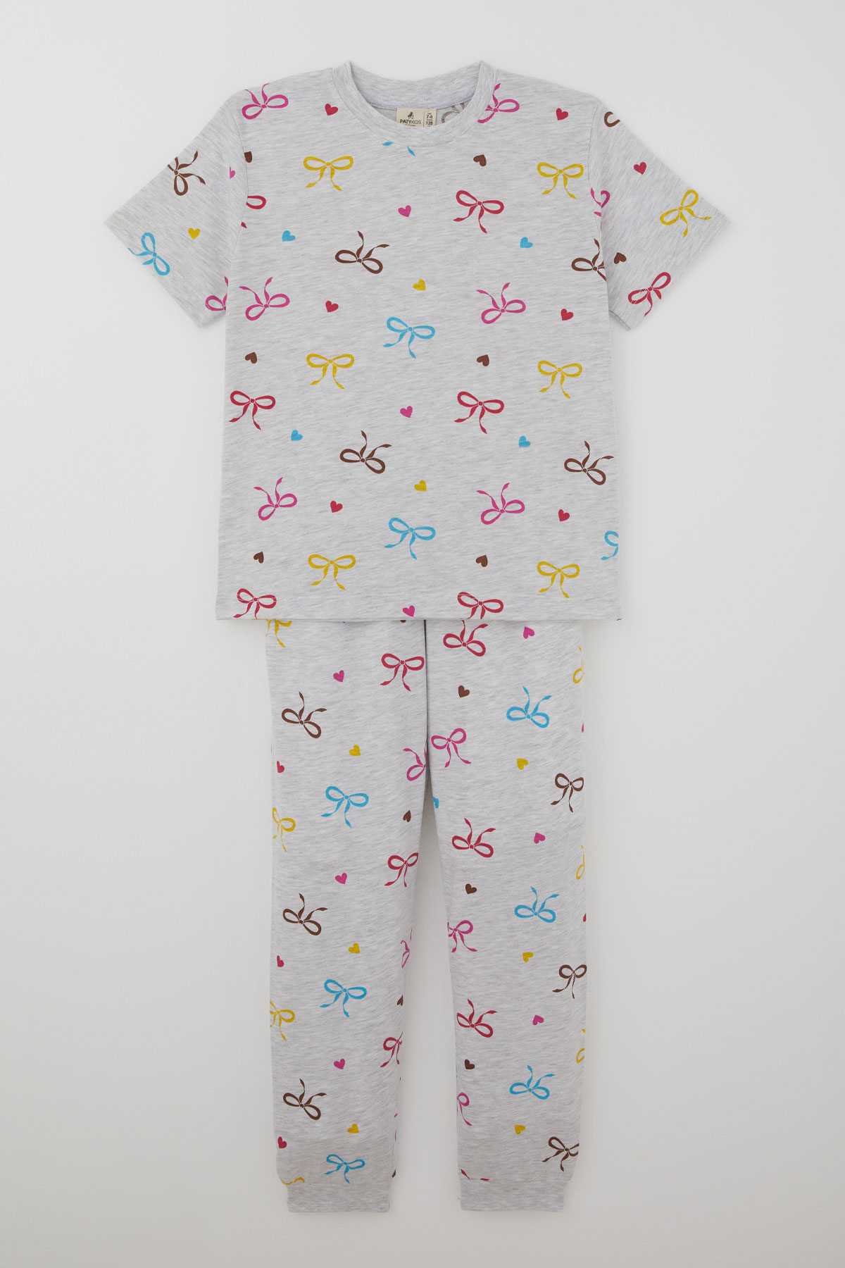Paty Kıds Kız Çocuk Pijama Takımı Kısa Kollu Renkli Fiyonklu & Kalp Desenli Açık Gri Melanj (8-12 Yaş)