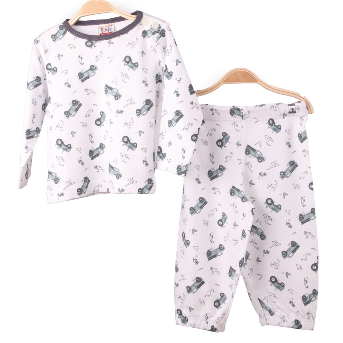 Erkek Bebek Pijama Takımı Arabalı Ekru-Yeşil (1-4 Yaş)
