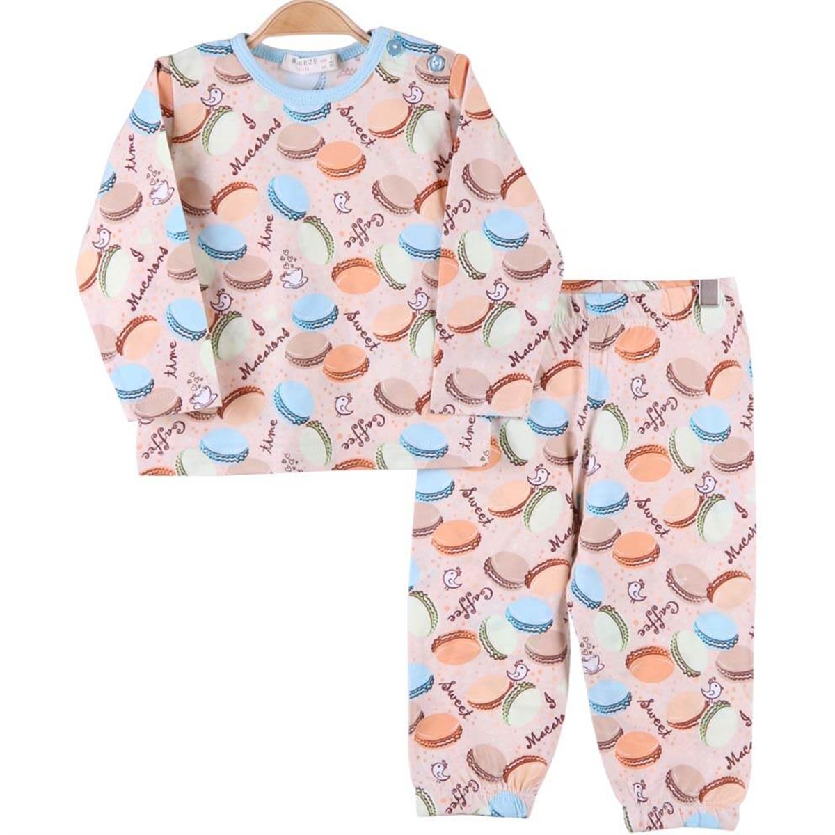 Kız Çocuk Makaron Desenli Pijama Takımı Breeze Bej - Mavi