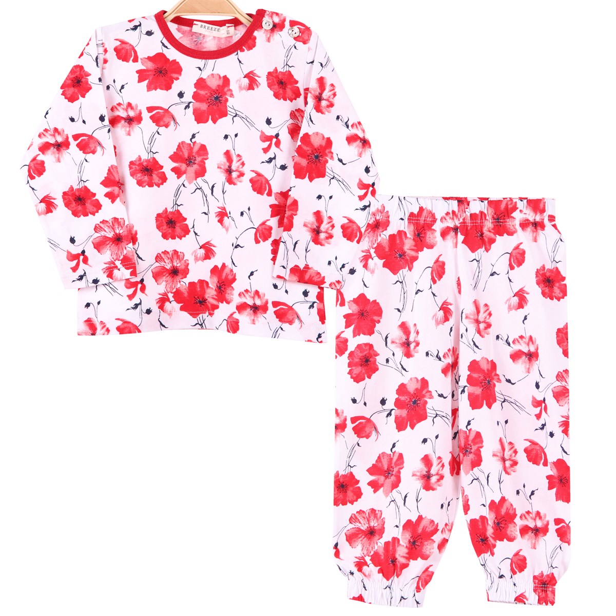 Kız Çocuk Pijama Takımı | Kırmızı Çiçekli,Ekru Renkli 1-4 Yaş