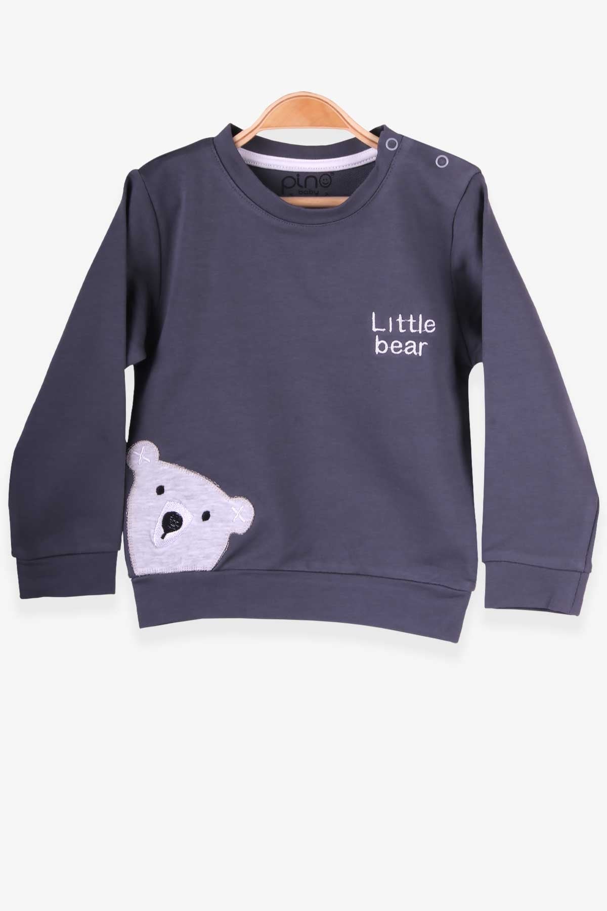 Pino Erkek Bebek Sweatshirt Ayıcık Nakışlı Füme (4 Ay-1.5 Yaş)