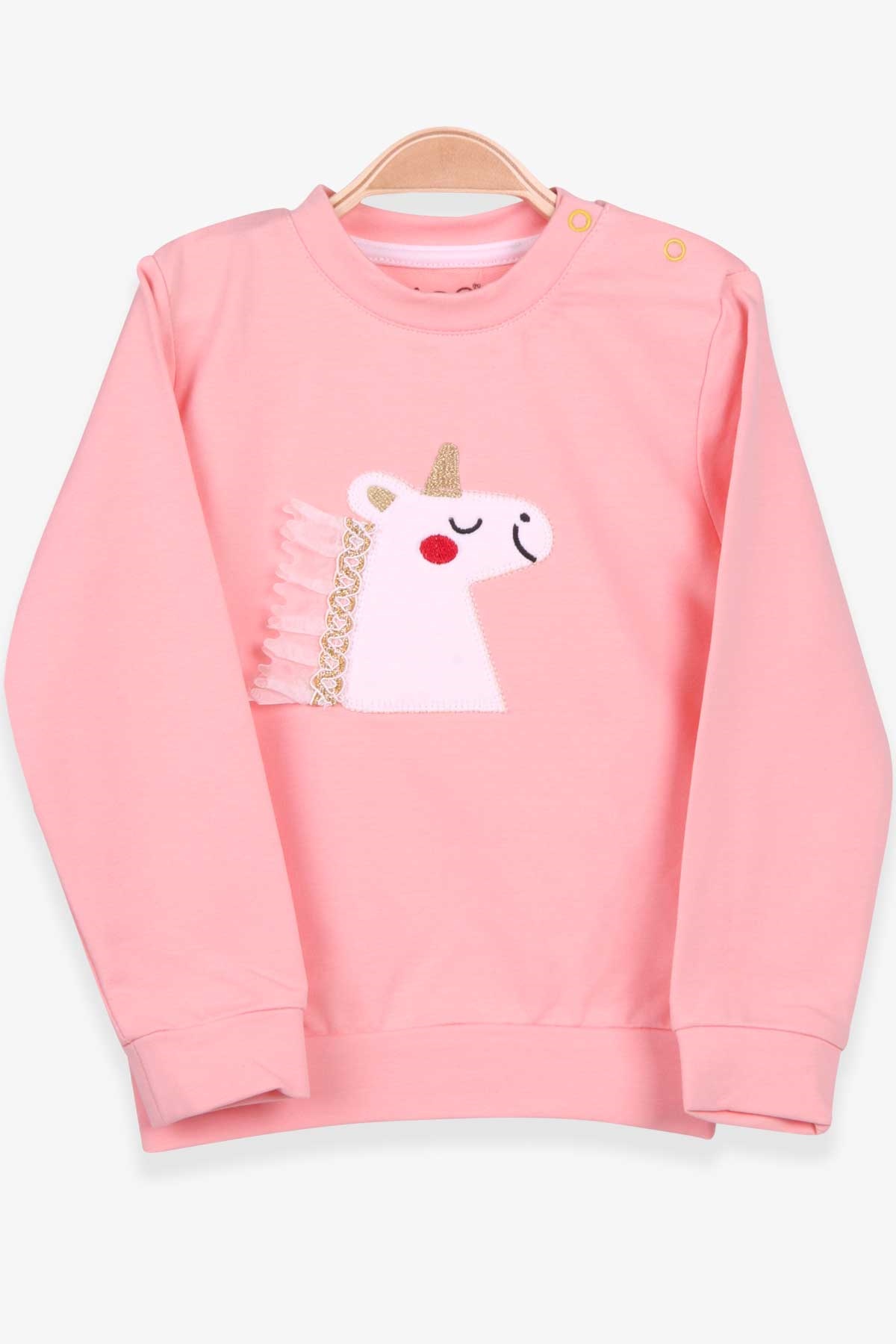 Pino Kız Bebek Sweatshirt Simli Nakışlı Unicorn Somon (4 Ay-1.5 Yaş)