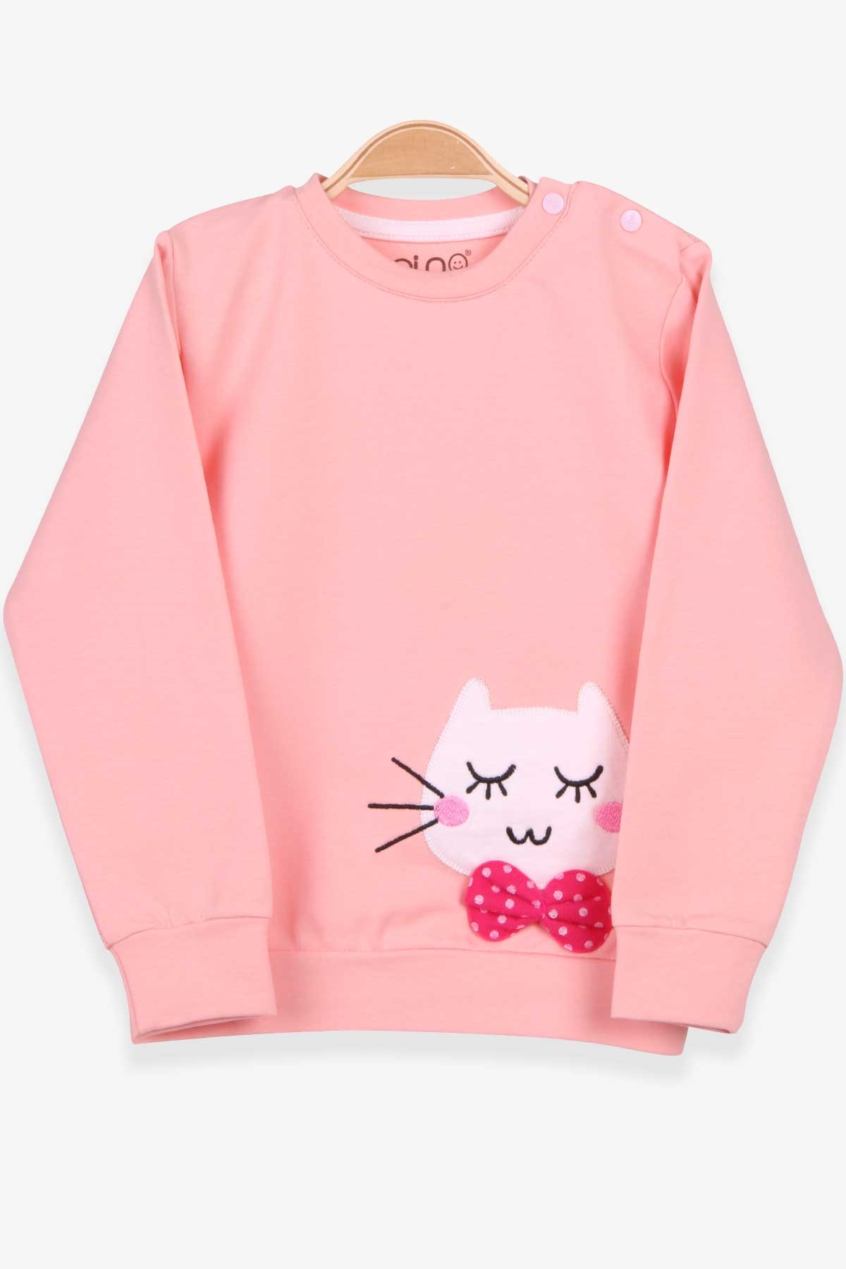 Pino Kız Çocuk Swearshirt Papyonlu Kedi Nakışlı Somon (2-5 Yaş)