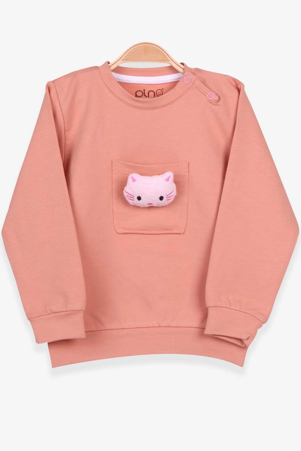 Pino Kız Çocuk Swearshirt Peluş Kedili Somon (2-5 Yaş)