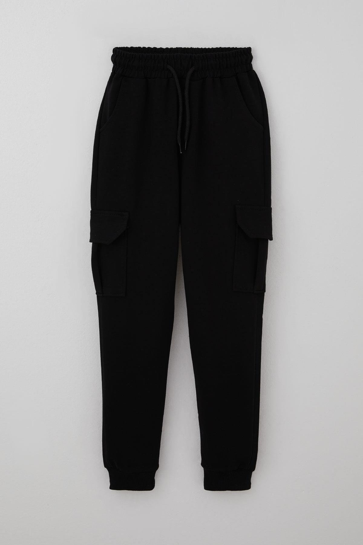 Poyraz Kids Erkek Çocuk Eşofman Altı Komando Cepli Bağcıklı Beli Lastikli Siyah (9-12 Yaş)