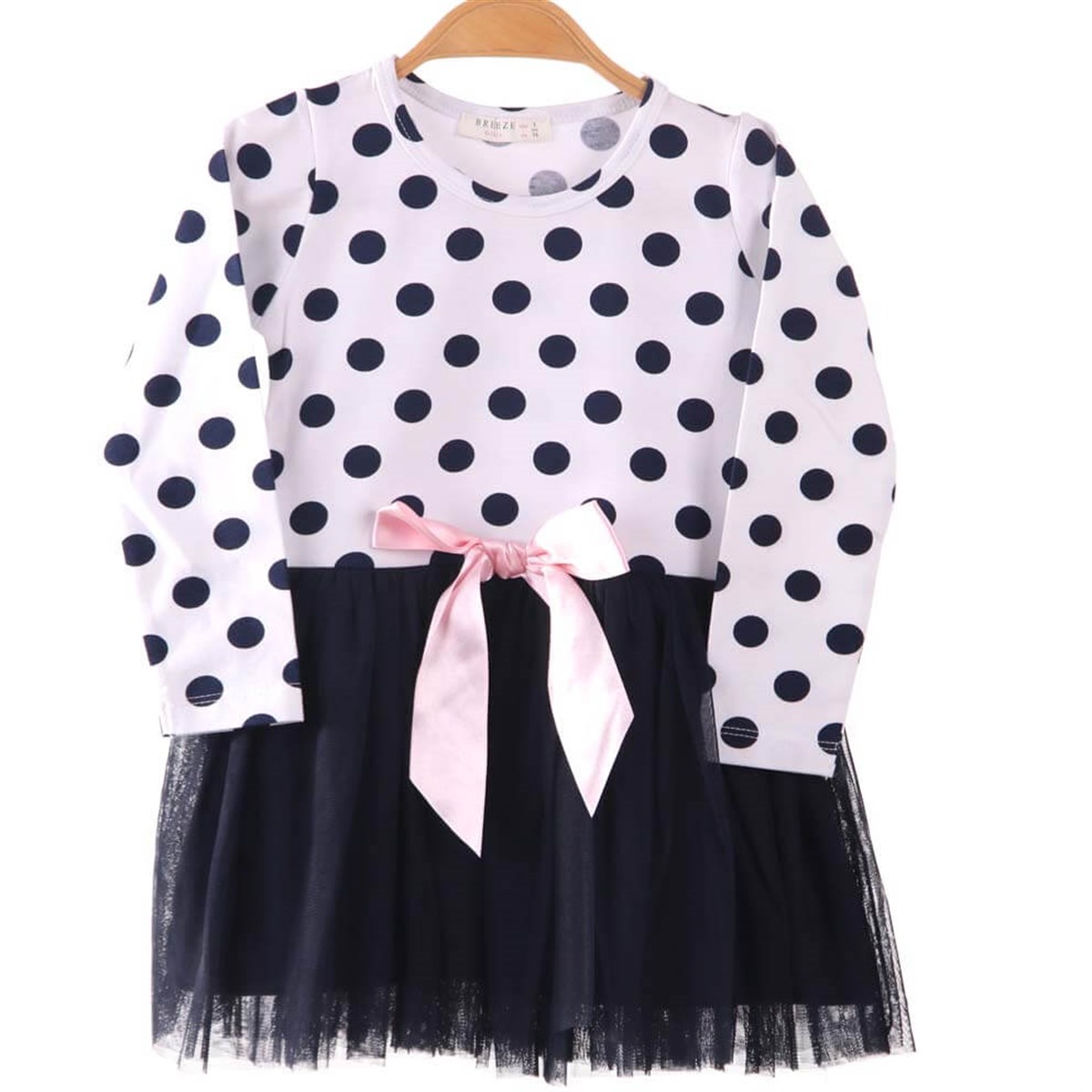 Kız Çocuk Elbise Puantiyeli Beyaz-Lacivert (3-7 Yaş)