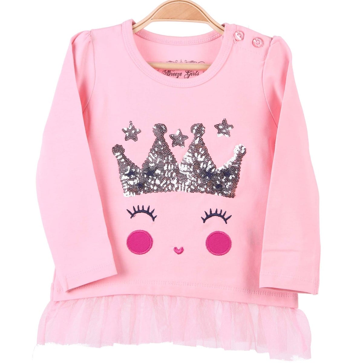 Kız Bebek Uzun Kollu Tişört Taçı Pullu Pembe (1 Yaş)