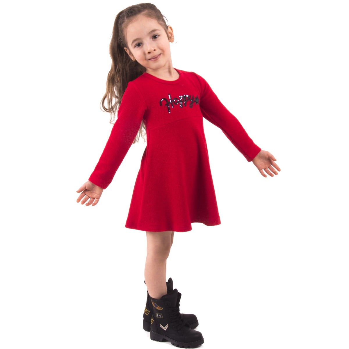 Kız Bebek Elbise Pullu Nakışlı Kırmızı (2 Yaş)