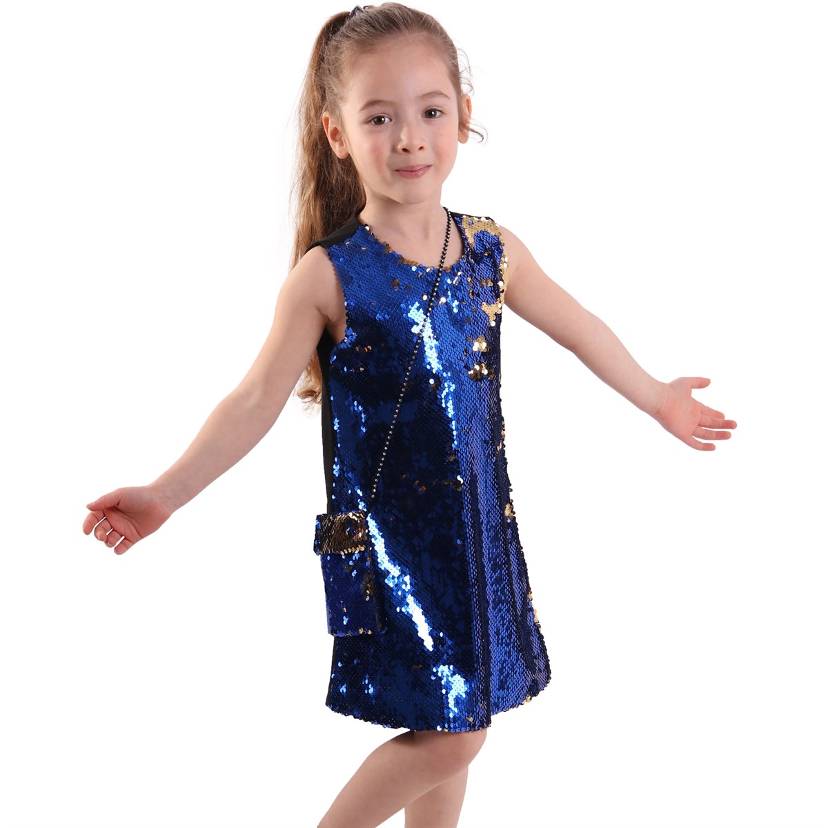 Kız Çocuk Pullu Elbise | Mavi ve Gold Renk Pullu Elbise