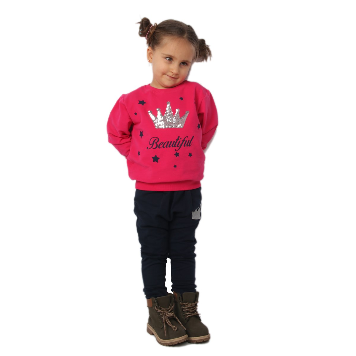 Kız Bebek Eşofman Takım Pullu Yıldızlı Fuşya-Lacivert (1.5 Yaş)
