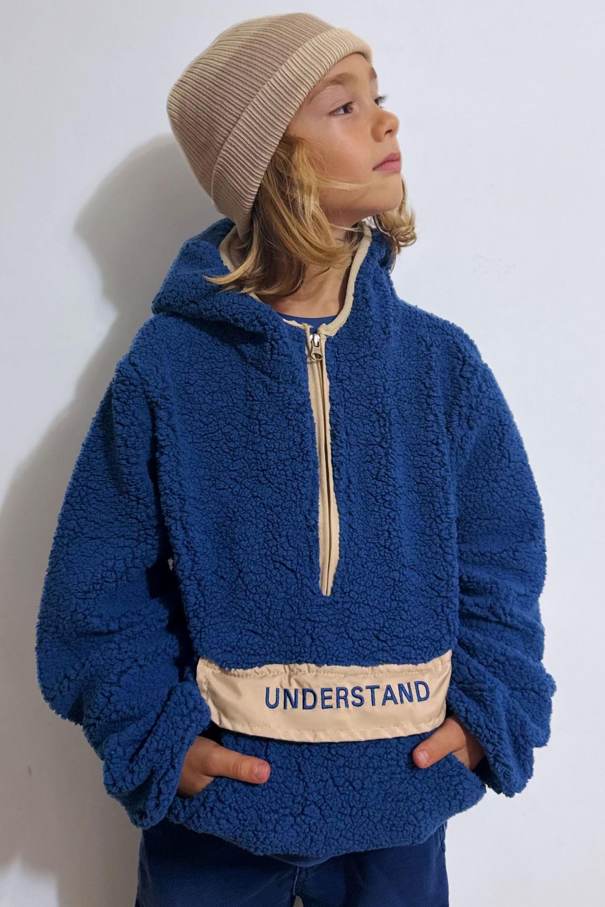 Reycan Erkek Çocuk Peluş Sweatshirt Kapüşonlu Kanguru Cepli İndigo (5-8 Yaş)