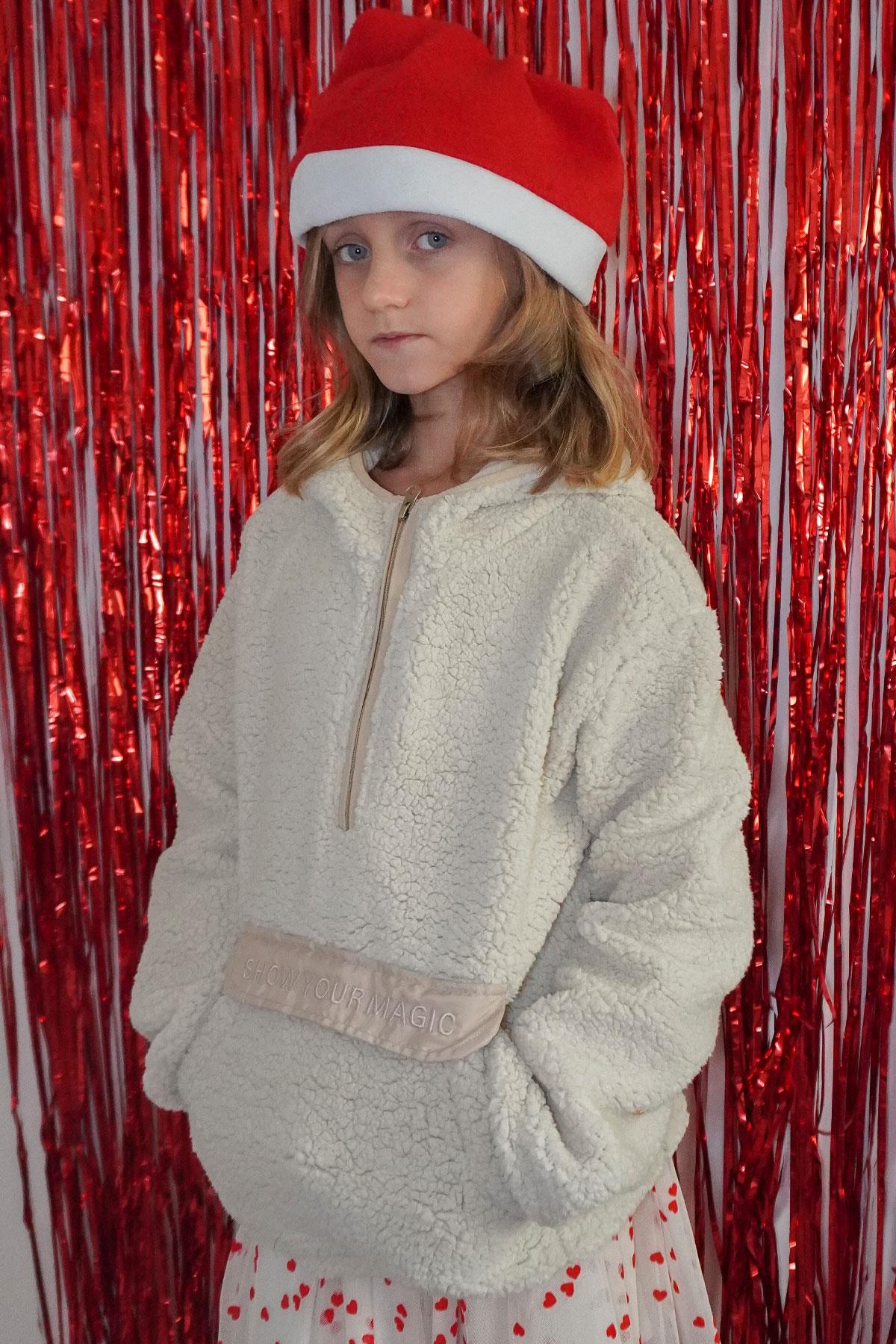 Reycan Kız Çocuk Peluş Sweatshirt Kapüşonlu Kanguru Cepli Taş (5-7 Yaş)