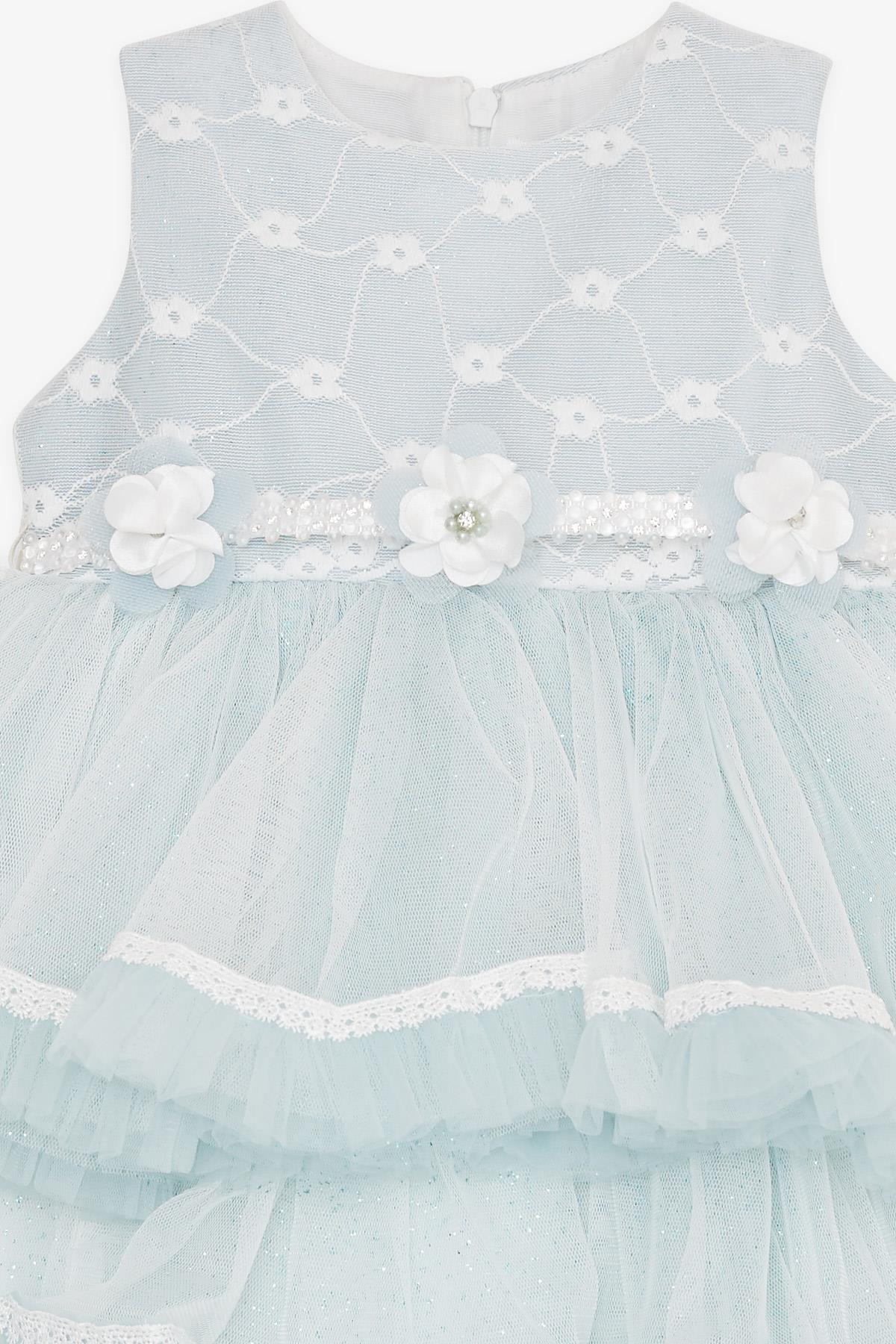 Kız Bebek Abiye Elbise Tüllü Güpürlü Çiçek Aksesuarlı Açık Mavi 6 Ay-2 Yaş  - Şirin Yazlık Elbise Modeller | Breeze