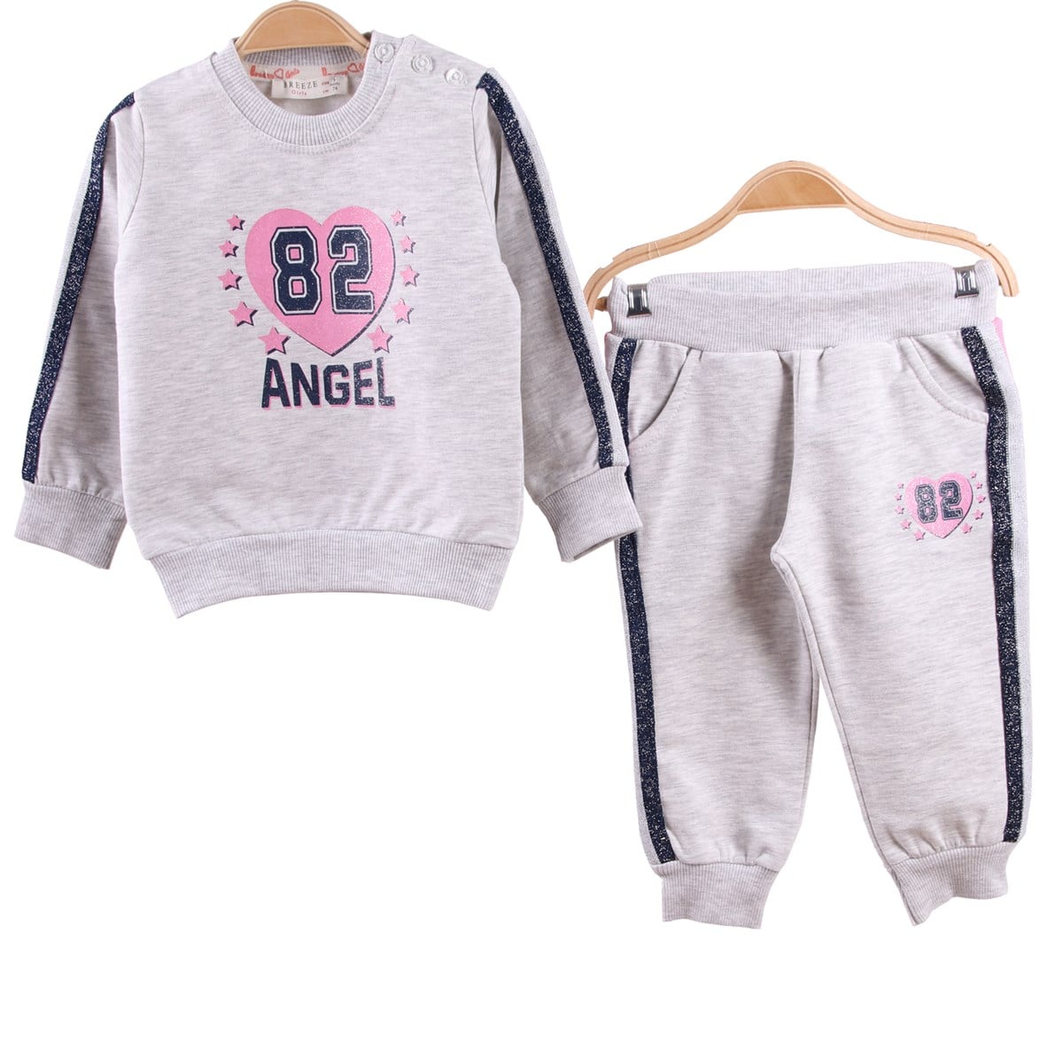 Kız Bebek Eşofman Takım Şeritli Gri-Pembe (9 Ay-3 Yaş)