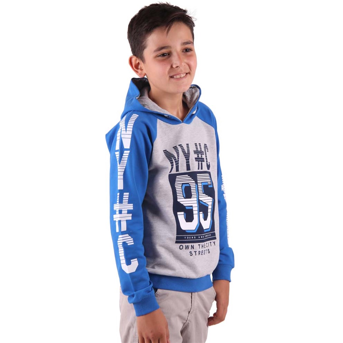 8-14 Yaş Mavi Gri - Erkek Çocuk Kapüşonlu Sweatshirt Modeli