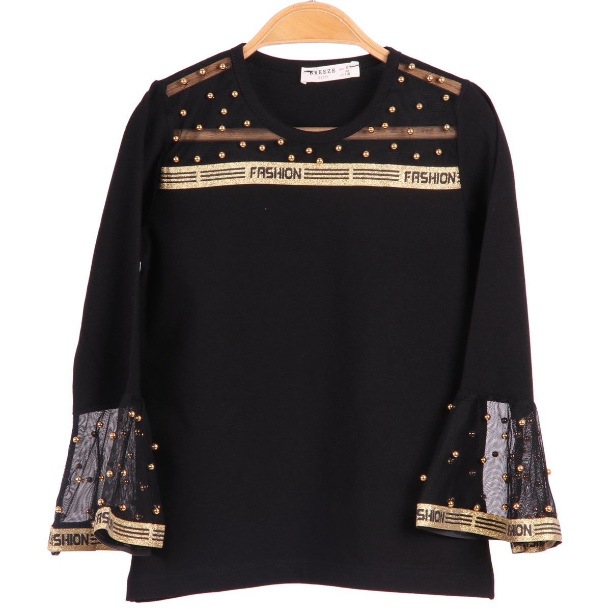 Kız Çocuk Bluz Taşlı Kolu Volanlı Siyah-Gold (12 Yaş)