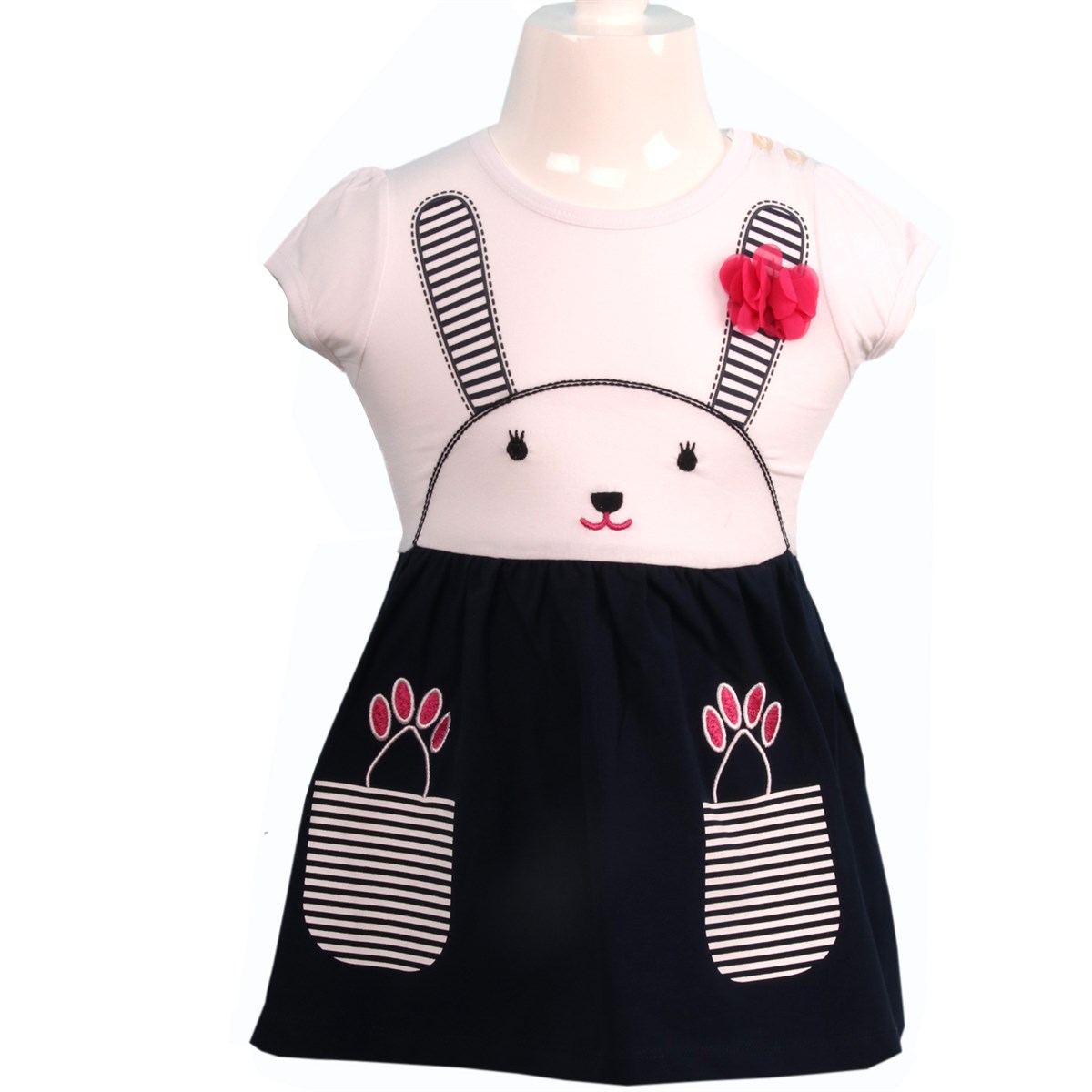 Kız Bebek Elbise Tavşanlı Beyaz-Lacivert (1.5 Yaş)