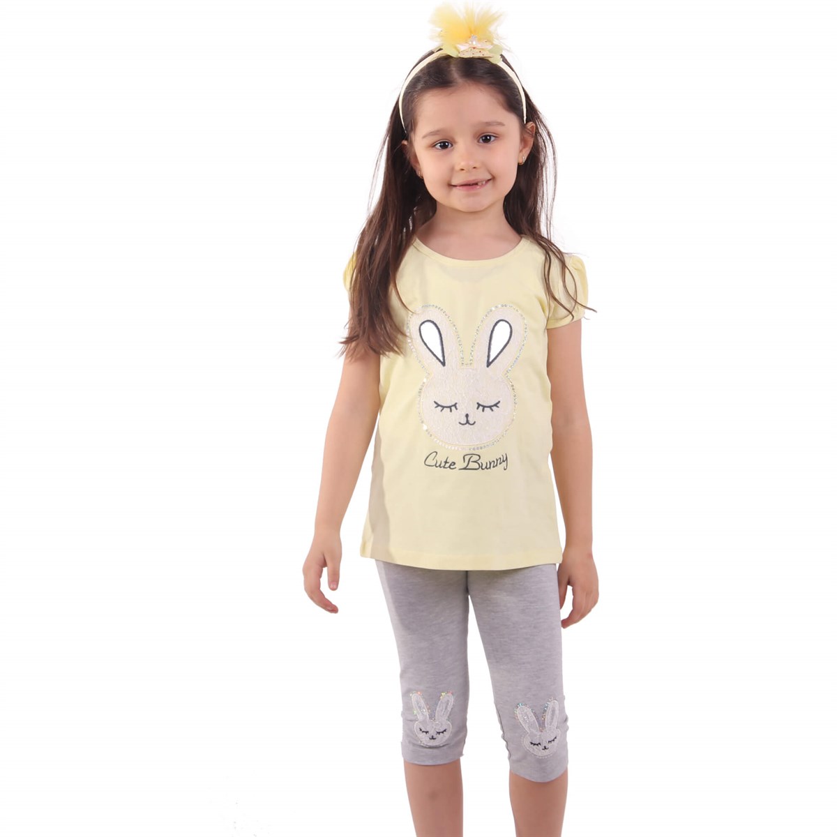 Kız Bebek Kapri Takım Tavşanlı Güpürlü Sarı-Gri (1.5 Yaş)