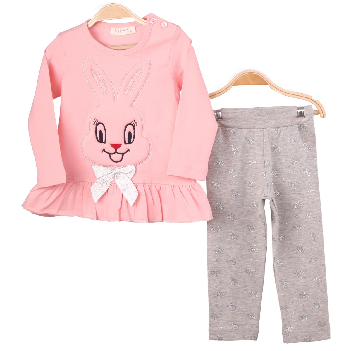 Kız Bebek Taytlı Takım Tavşanlı Pembe-Gri (1 Yaş)
