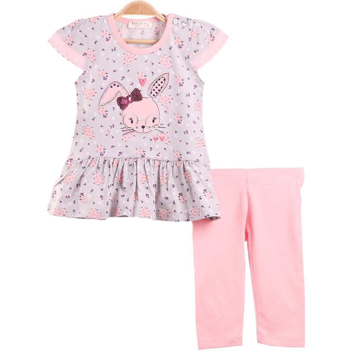 Kız Bebek Tavşanlı Tayt Takım Gri-Pembe (9 Ay-1 Yaş)