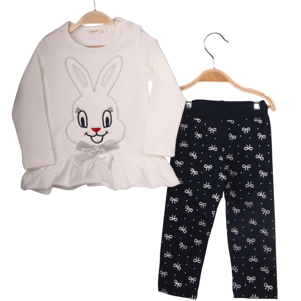 Kız Bebek Taytlı Takım Tavşanlı Ekru-Lacivert (1 Yaş)