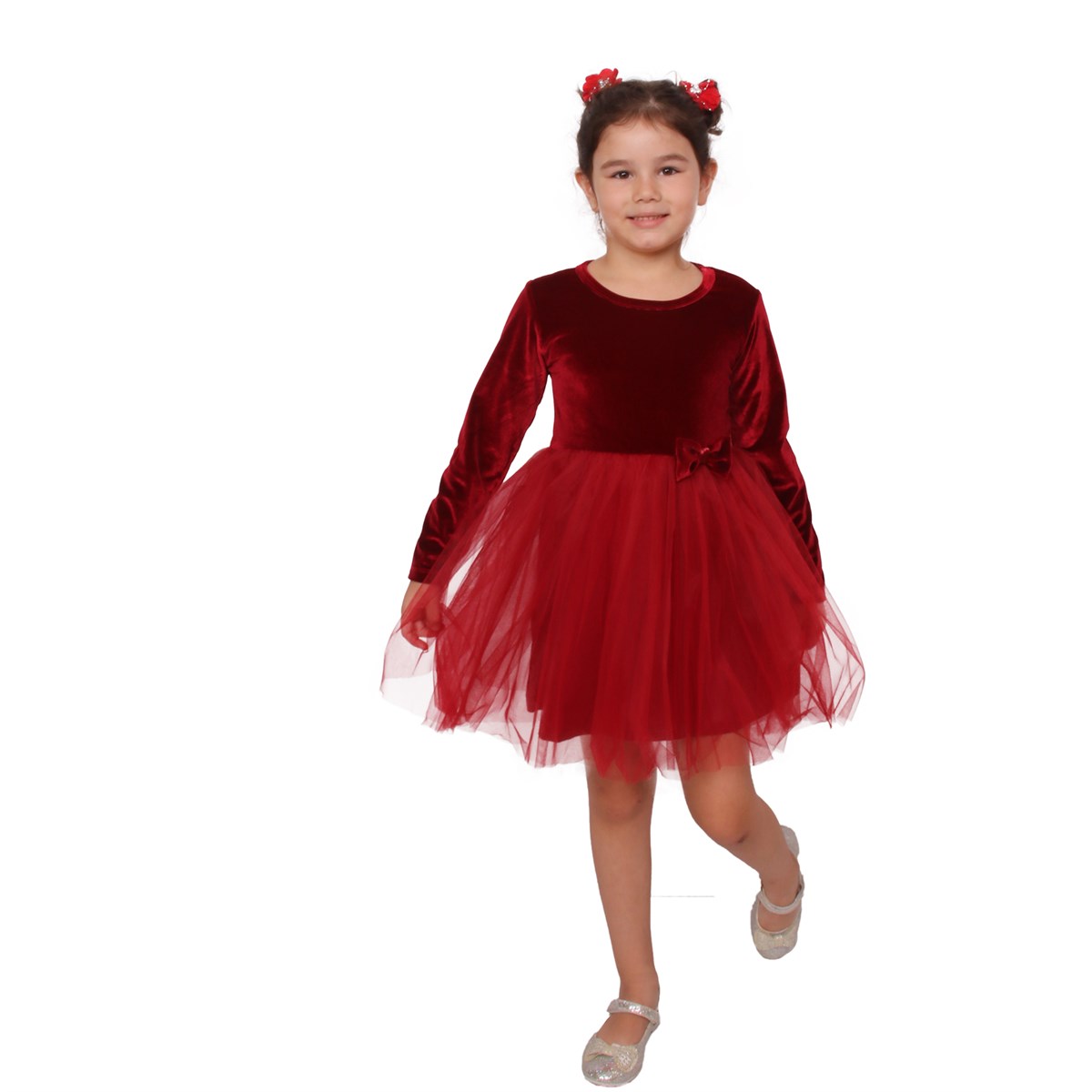 Kız Çocuk Elbise Kadife - Bordo Fiyonklu 1.5-10 Yaş