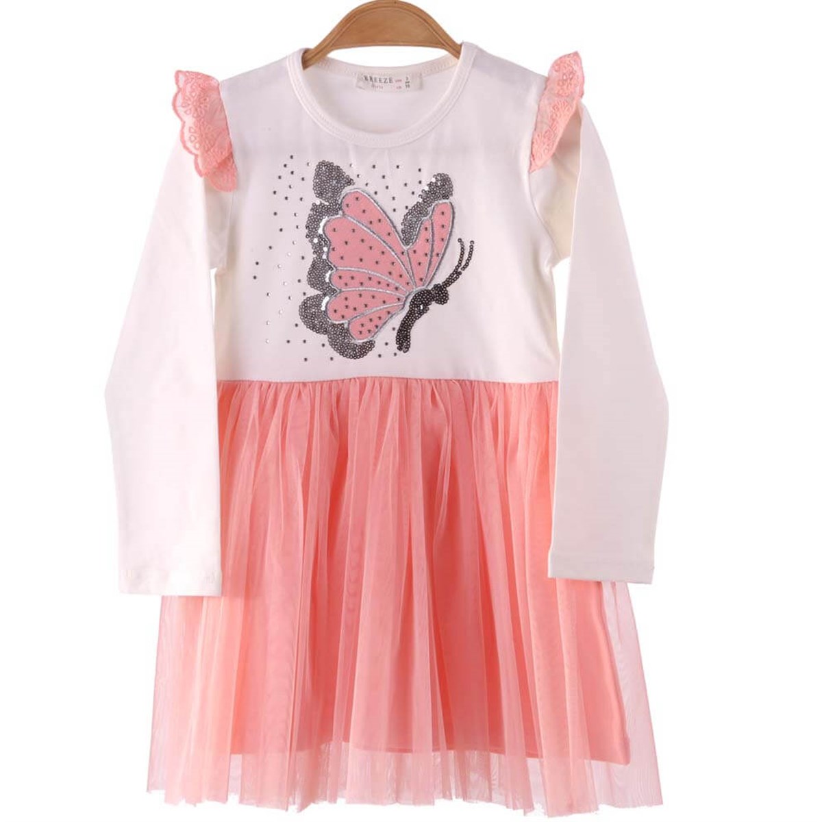 Tüllü Pullu Kelebekli Elbise Breeze  Krem- Somon