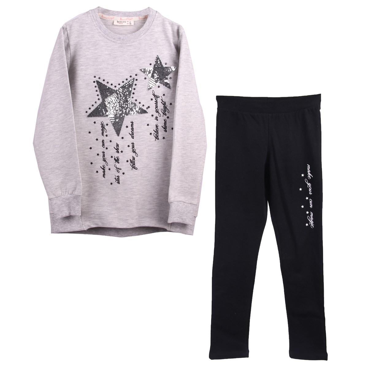 Kız Çocuk Eşofman Takım Yıldızlı Pullu Gri-Siyah (6-12 Yaş)
