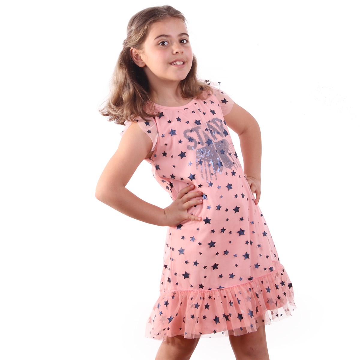 Kız Çocuk Tüllü Elbise Yıldızlı Somon (6-9 Yaş)