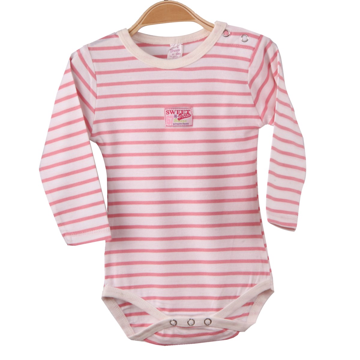 Kız Bebek Alttan Çıtçıtlı Body Çizgili Pembe-Ekru (9 Ay)