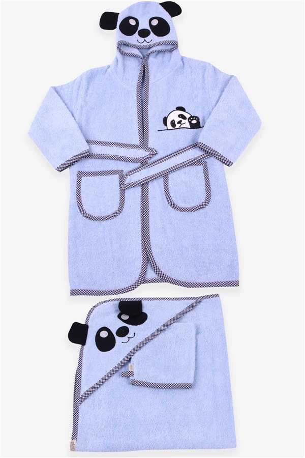 Erkek Bebek Bornoz Seti Panda Nakışlı Mavi 0-3 Ay - Breeze