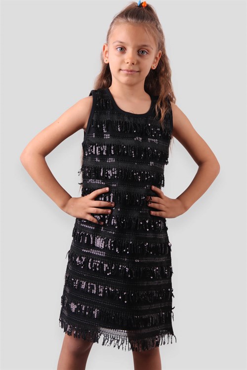 Kız Çocuk Pullu Elbise | Siyah Renk Pullu Çocuk Elbisesi | Breeze