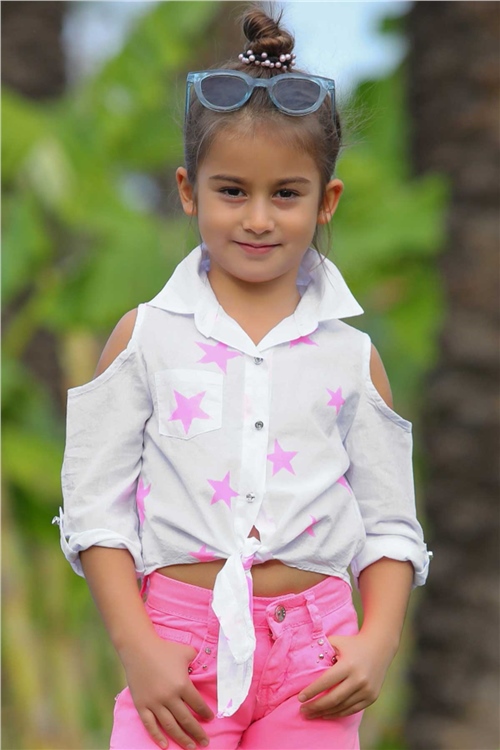 Kız Çocuk Gömlek Pembe Yıldız Desenli Beyaz 5-7 Yaş - Tarz Modeller | Breeze