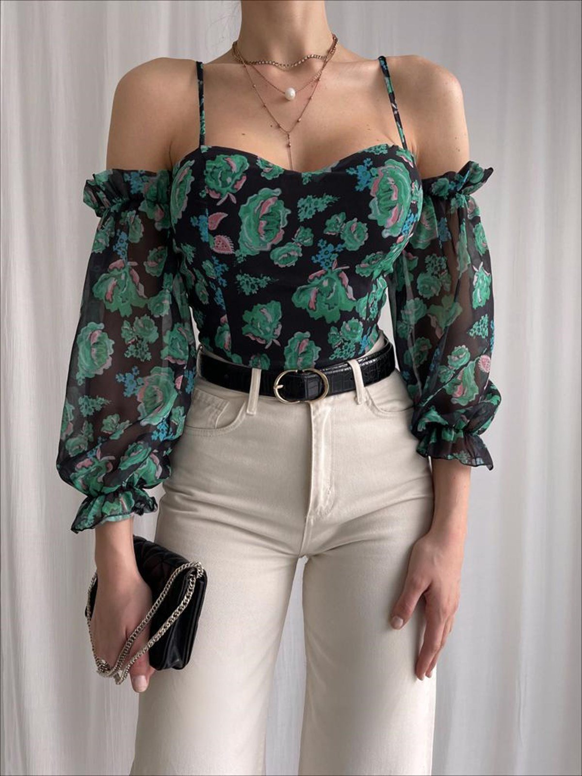 Askı Kol Detay Şifon Bluz - YEŞİL