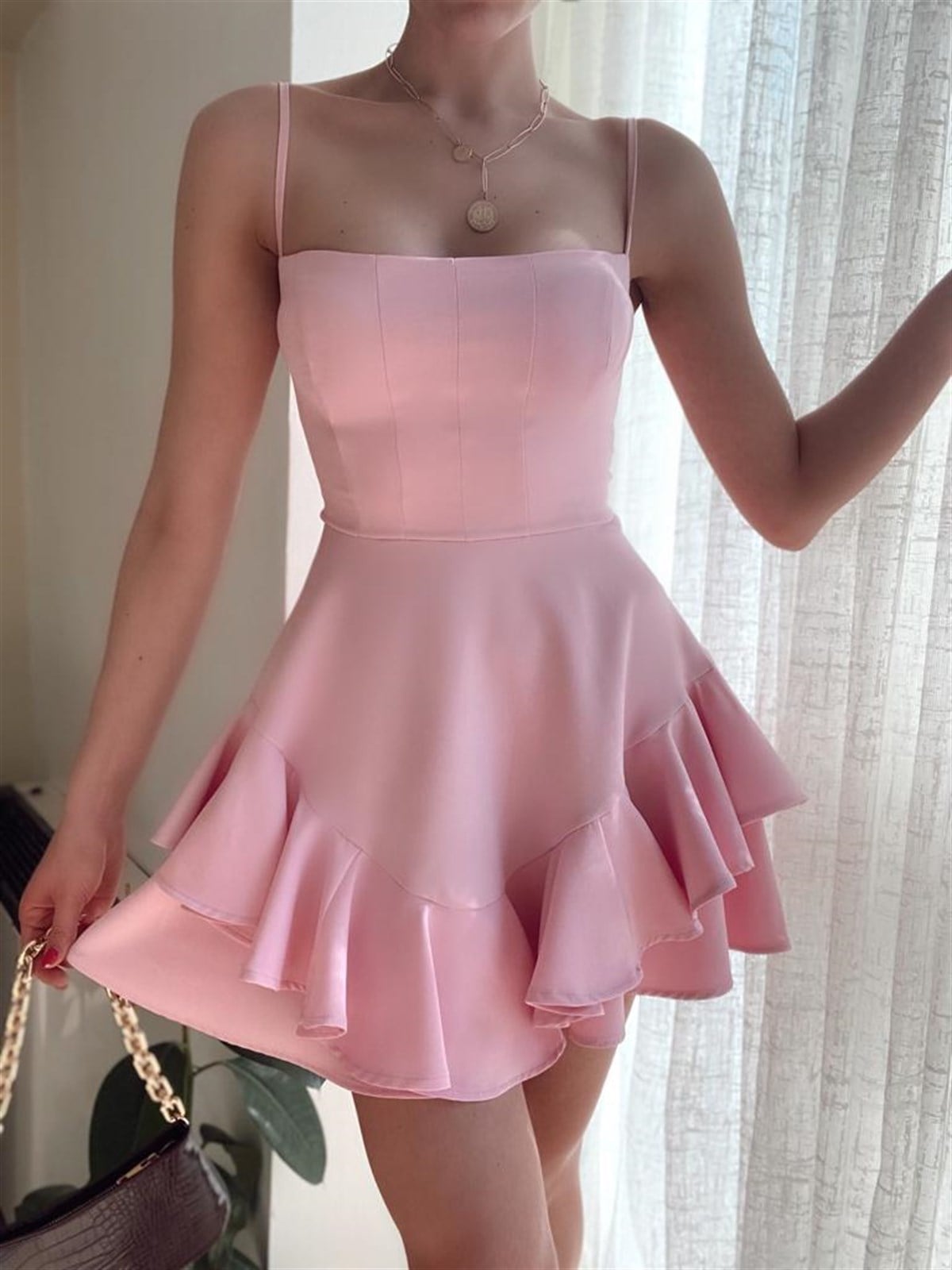 Askılı Etek Kat Kat Prenses Elbise - PEMBE