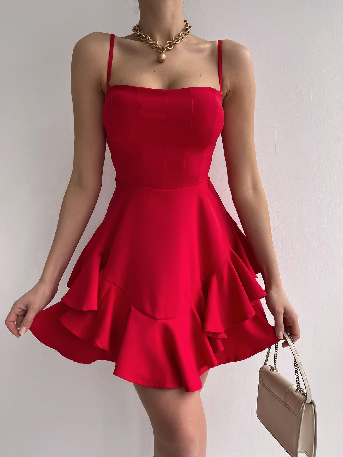 Askılı Etek Kat Kat Prenses Elbise - KIRMIZI