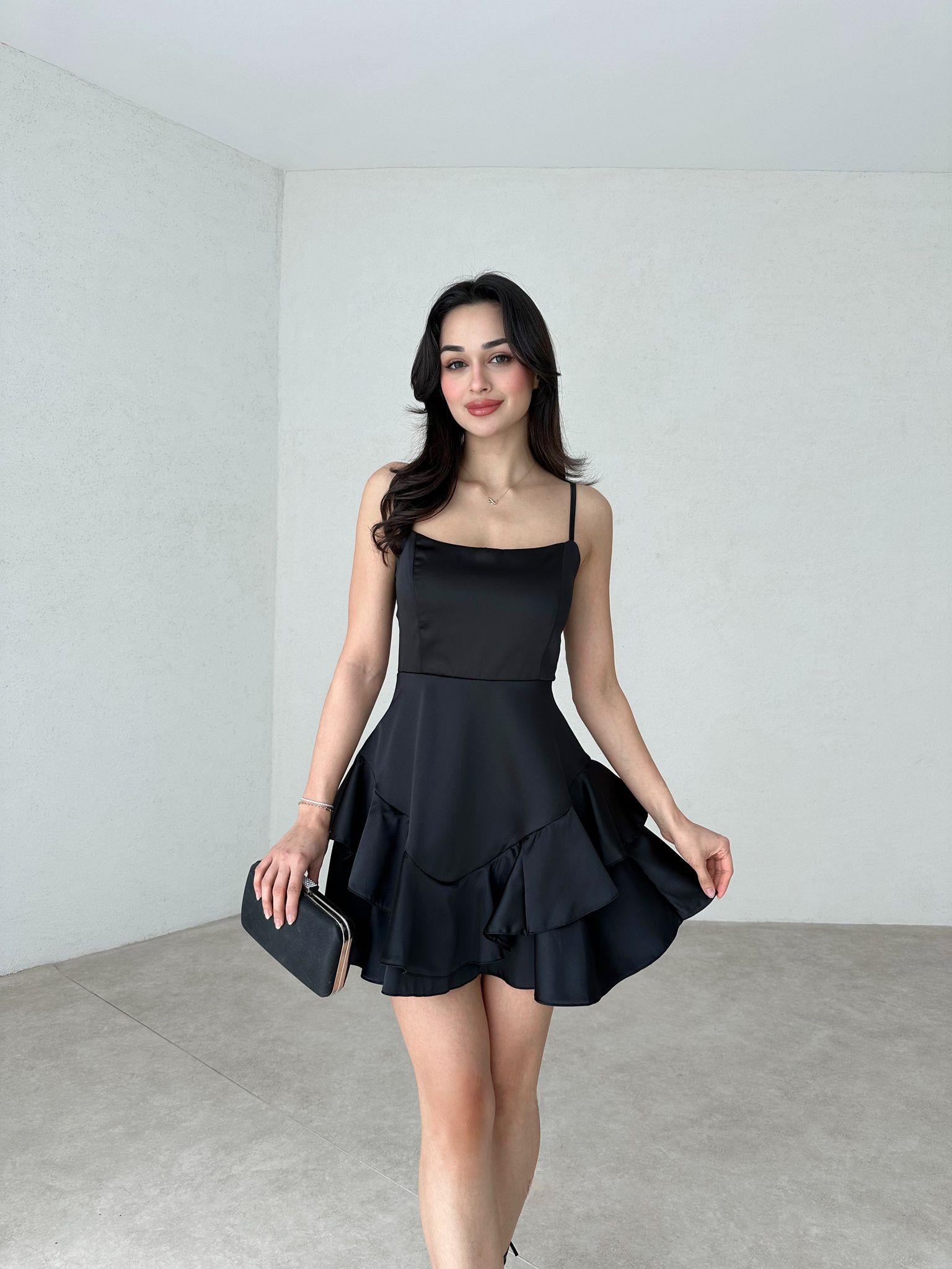 Askılı Etek Kat Kat Saten Prenses Elbise - SİYAH