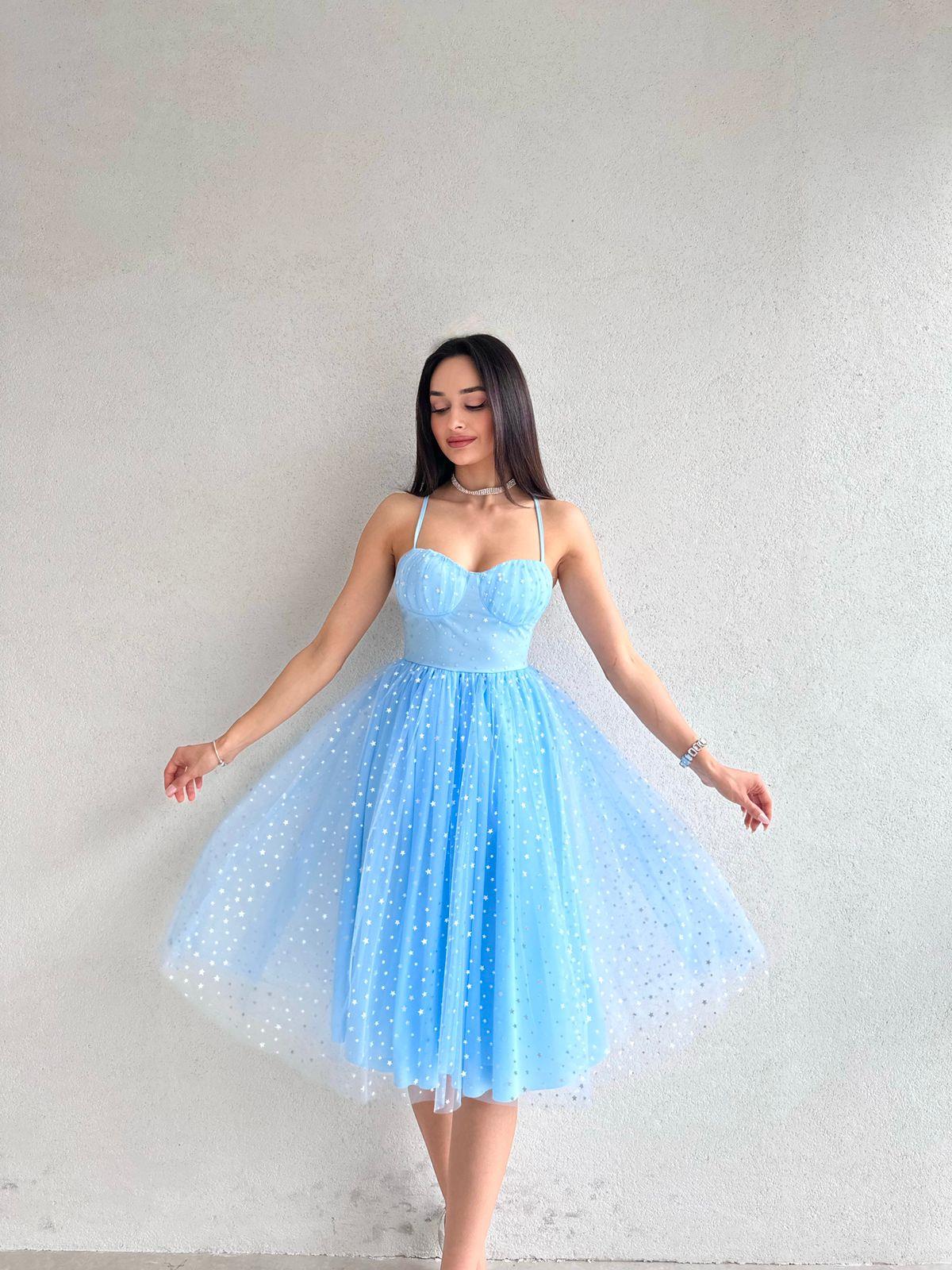 Askılı Yıldız Desenli Midi Elbise - MAVİ