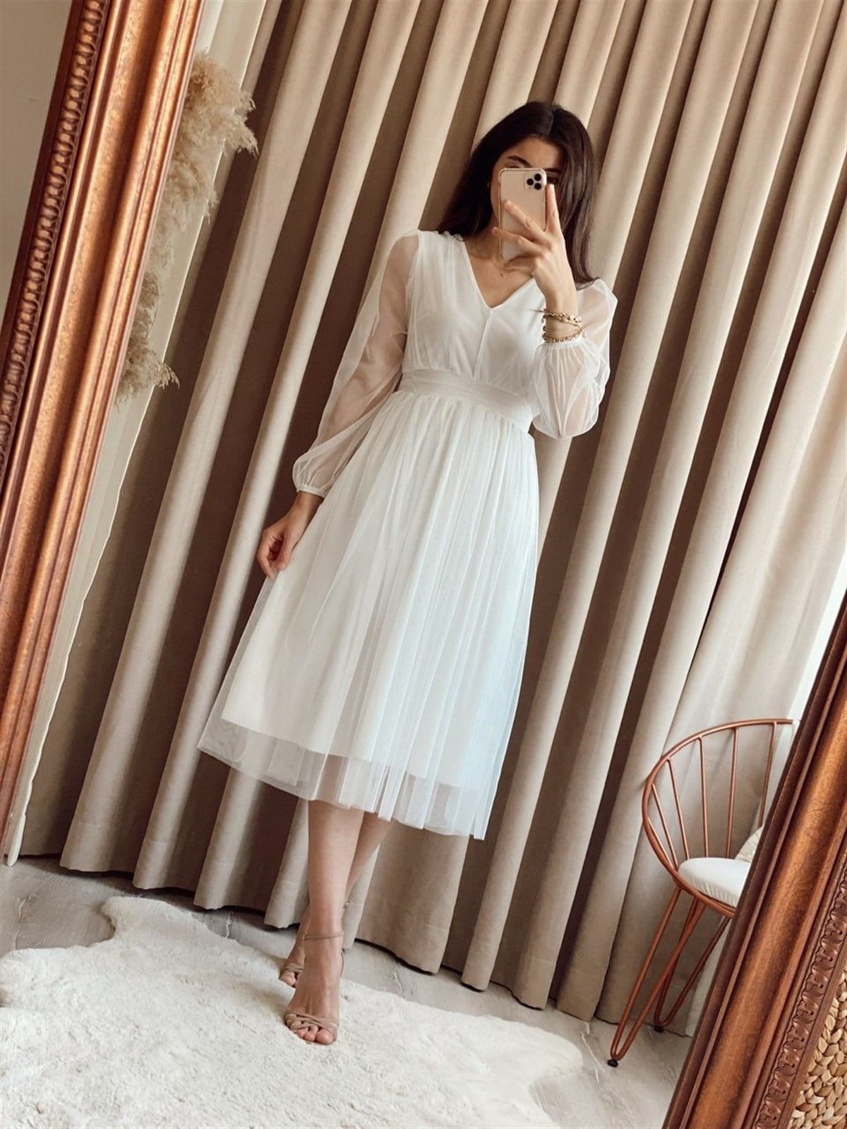 Astarlı Midiboy Tül Elbise - BEYAZ