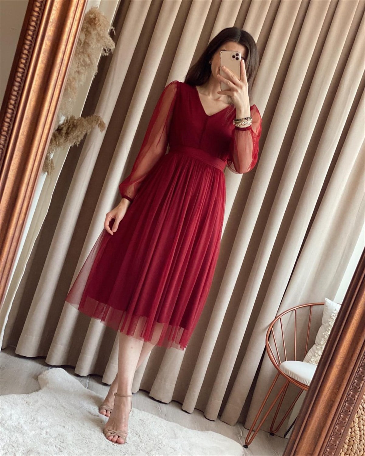 Astarlı Midiboy Tül Elbise - BORDO