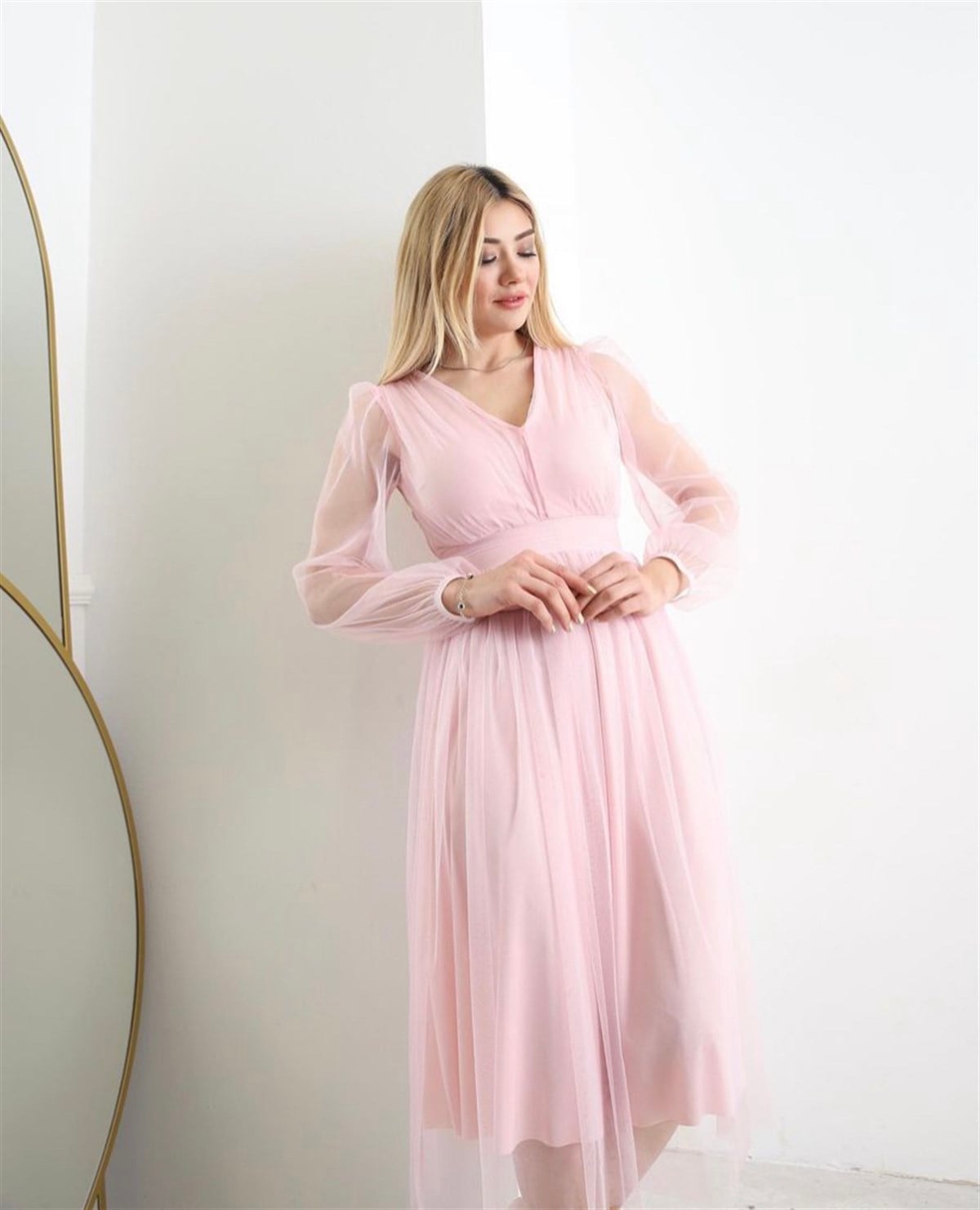 Astarlı Midiboy Tül Elbise - ŞEKER PEMBE