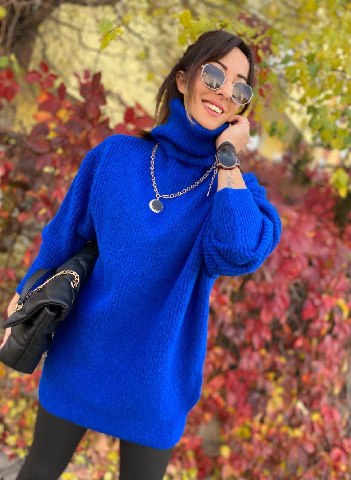 Balıkçı Yaka Nervürlü Örgü Tunik Kazak - SAKS MAVİ