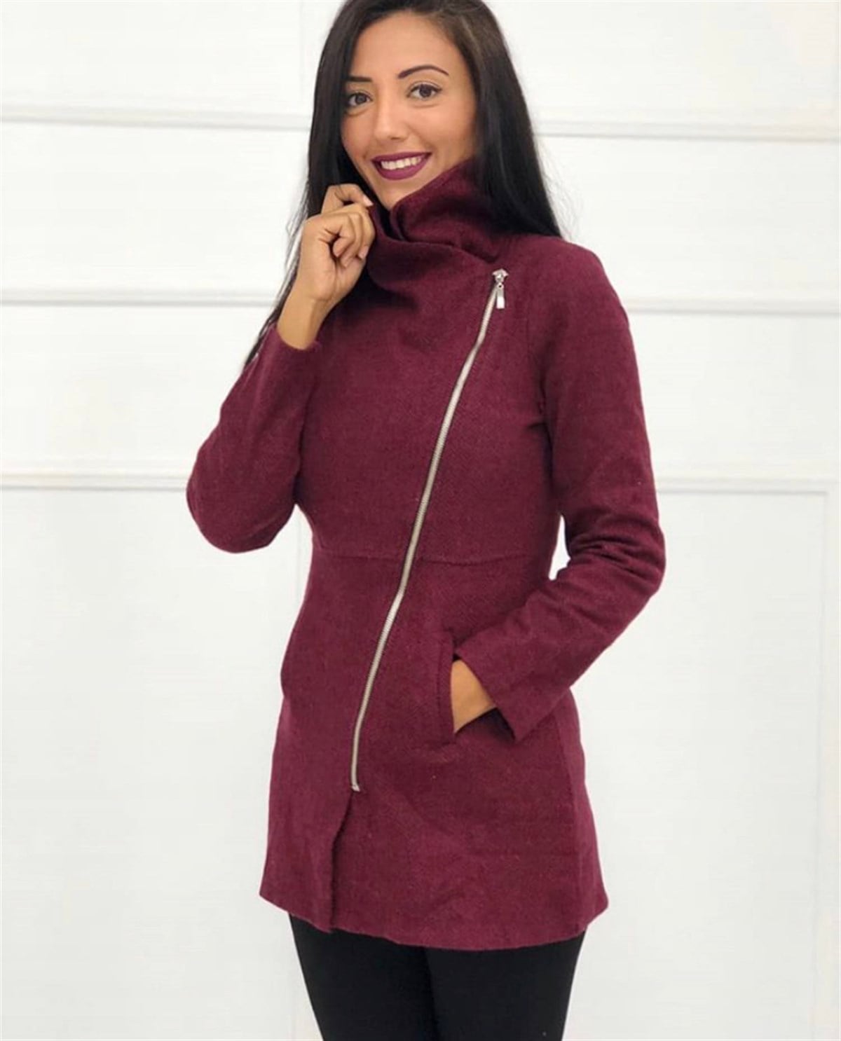 Balıksırtı Desenli Ceket - BORDO