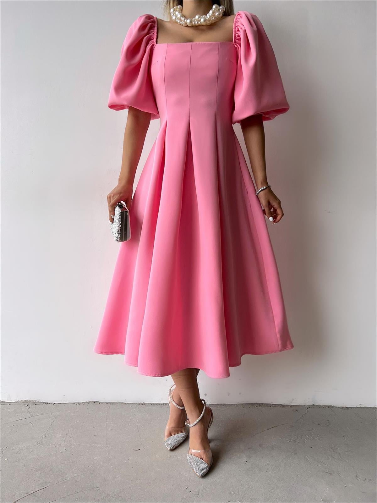 pembe kare yaka midi elbise – balon kol – butikimbutik