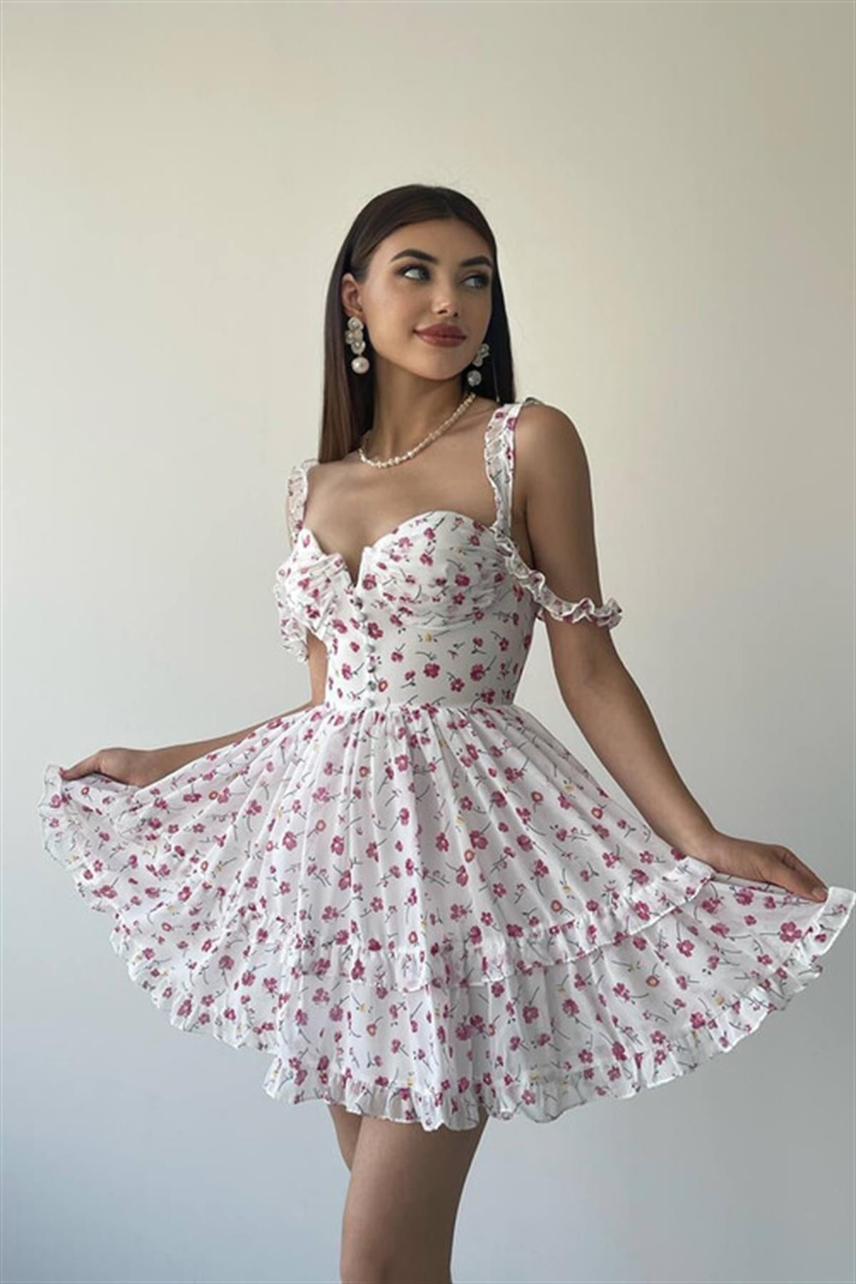 Çiçek Desenli Fıfırlı Askı Detaylı Kiloş Elbise - BEYAZ