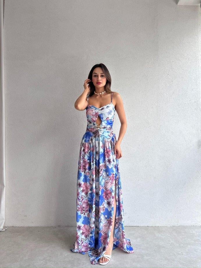 Çiçek Desenli Yırtmaçlı Sırtı Gipeli Göğüs Altı Mini Dekolteli Maxi Boy Uzun Elbise -MAVİ RENK