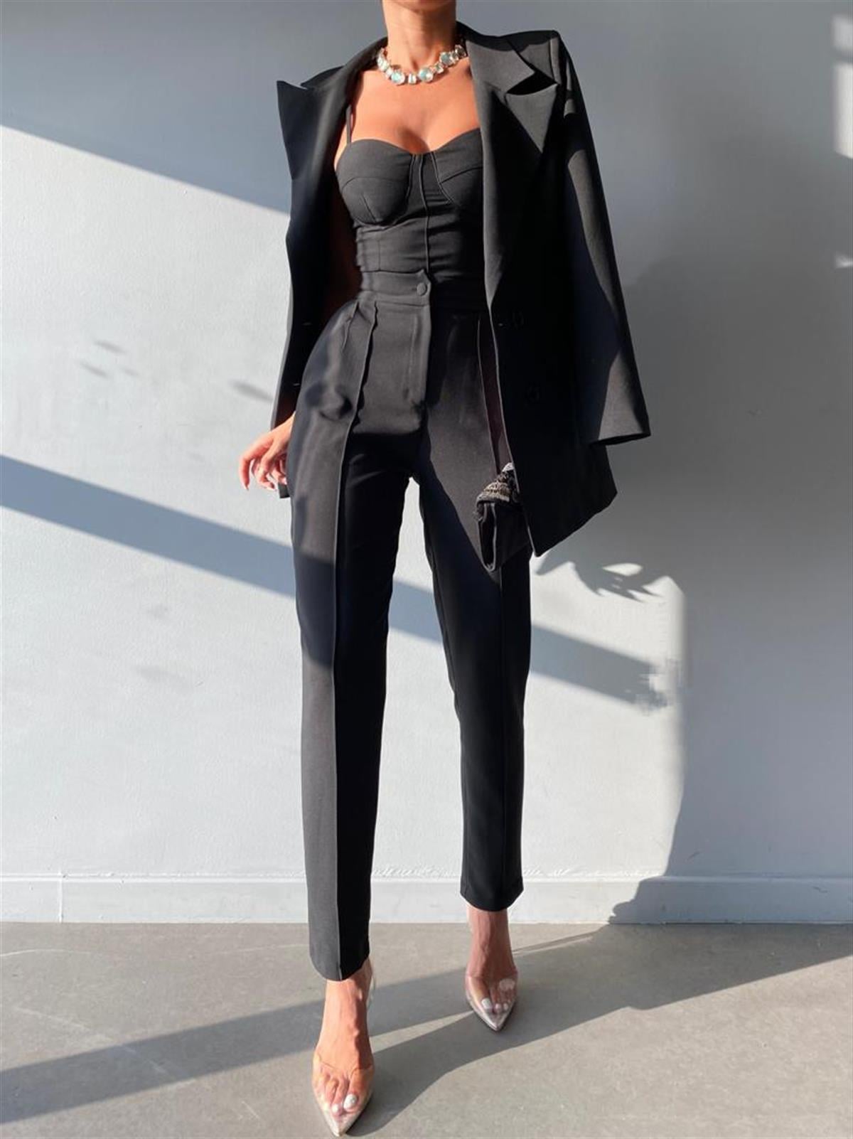 Crop Ceket Pantolon 3 lü Takım - SİYAH