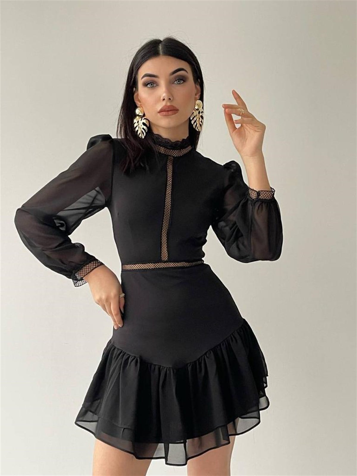 Dantel İşleme Detaylı Mini Şifon Elbise - SİYAH